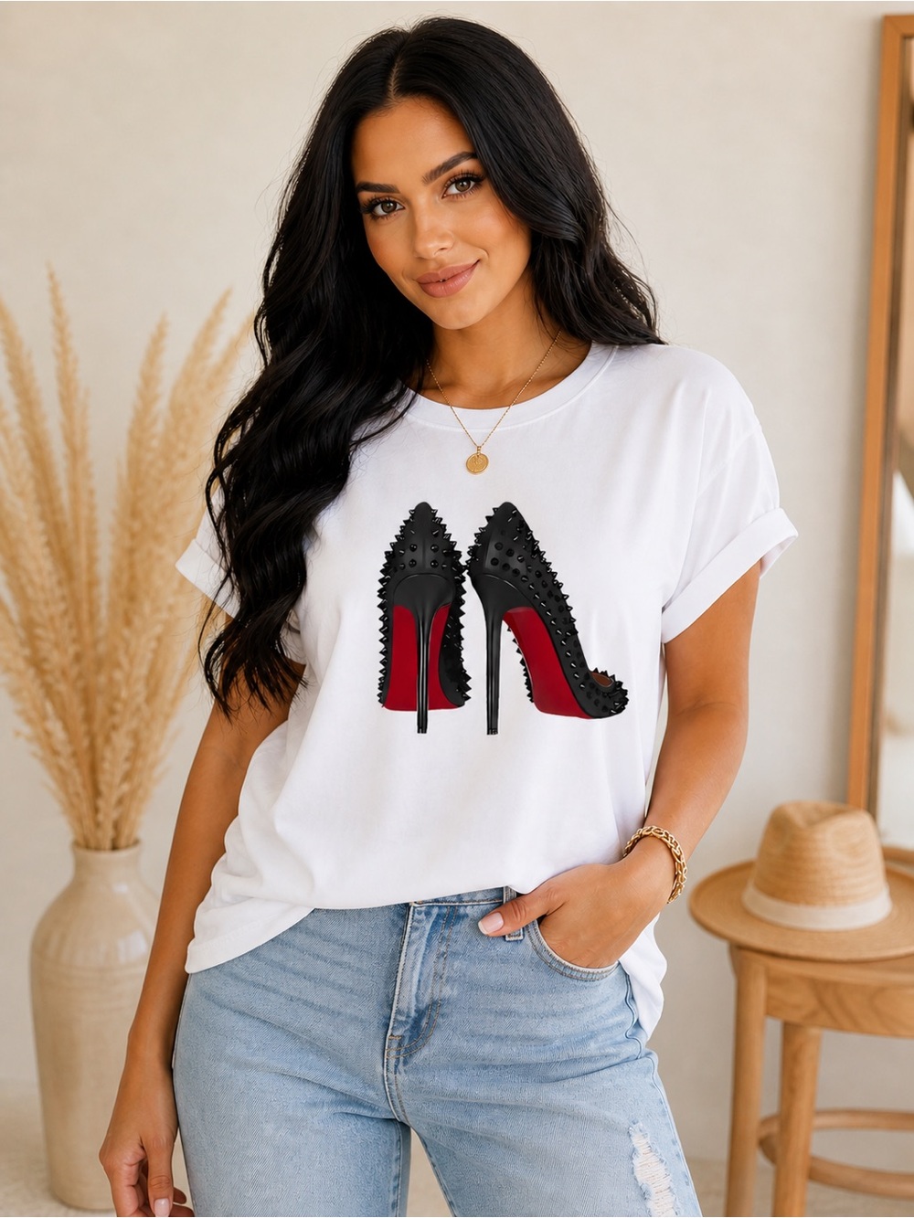 Black Studded Red Sole Stilettos T-shirt